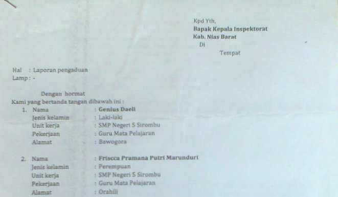 Kepala Sekolah SMPN 5 Sirombu Dilaporkan ke Inspektorat